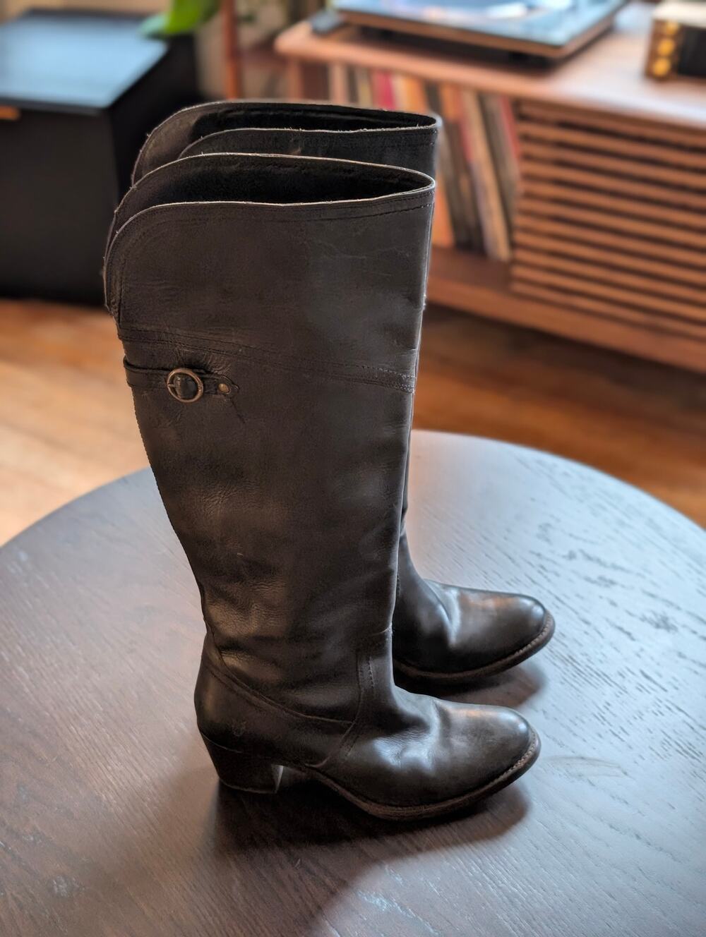FRYE Shirley Over The Knee Boots Black Leather Tall Riding Buckle 77739 Women 9B
